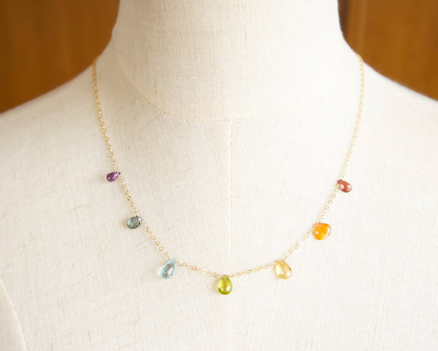 Multicolor Gemstones Station Necklace in Gold filled