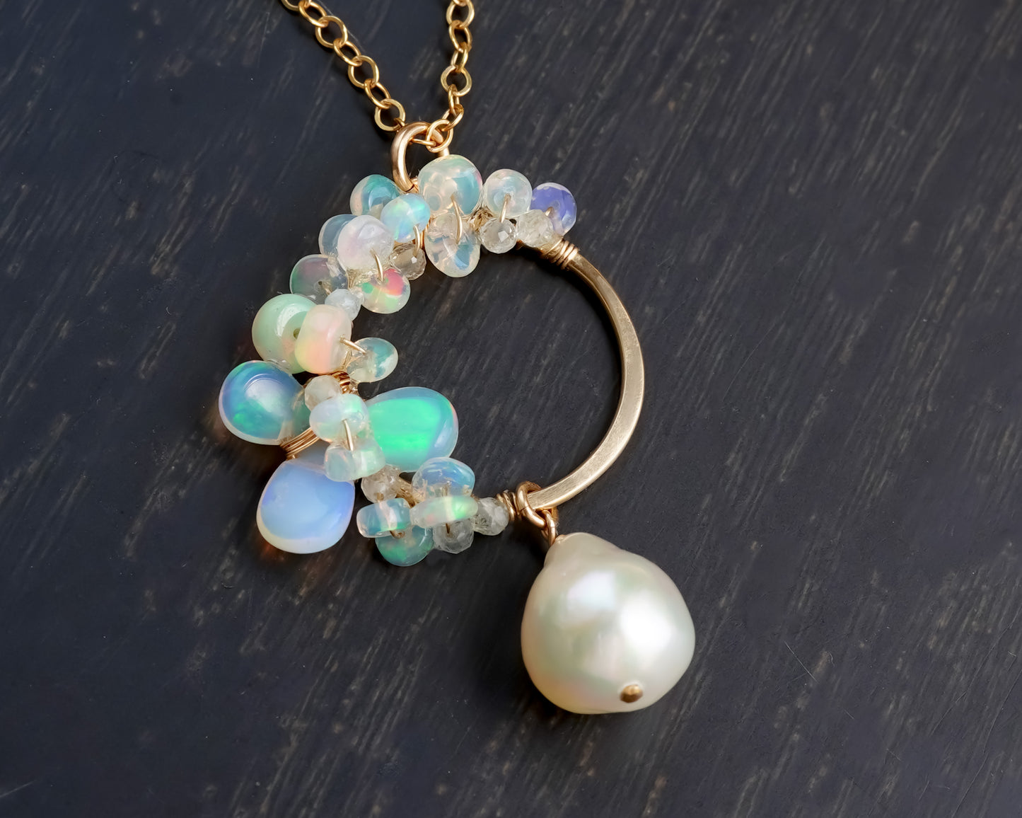 Ethiopian Opal and Japanese Akoya Pearl Pendant Necklace