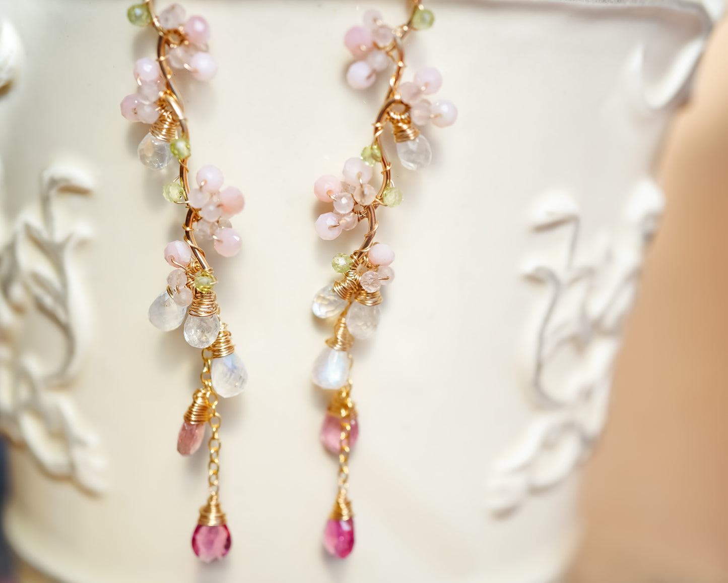 Pink Opal and Tourmaline Long Earrings in Gold filled