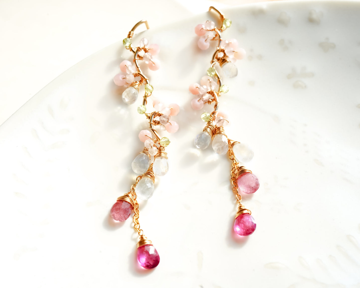 Pink Opal and Tourmaline Long Earrings in Gold filled