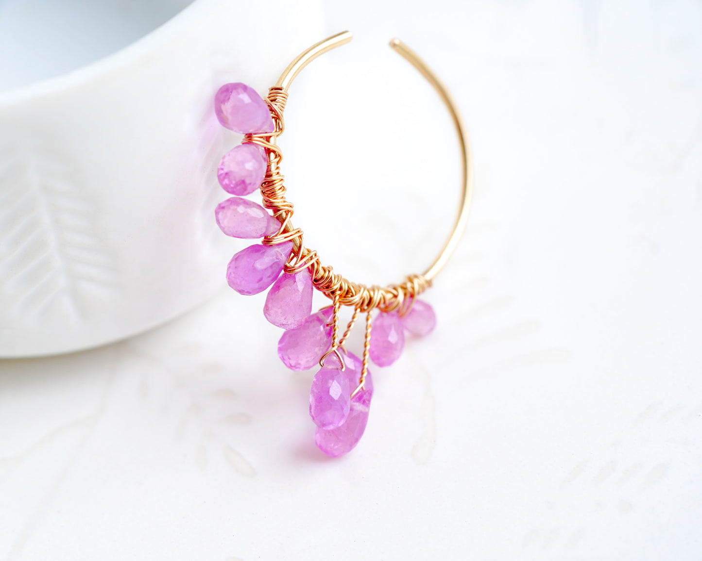 Pink Sapphire Cluster Drops Ear Cuff