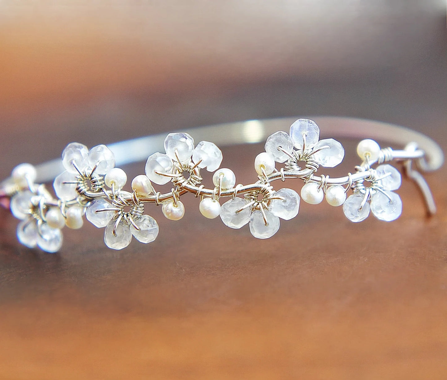 Moonstone White Flower Wedding Bangle Bracelet