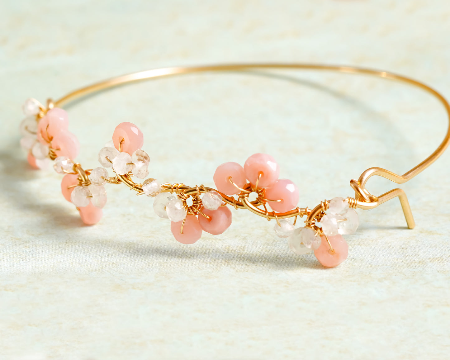 Pink Opal Floral Gold Wire Bangle