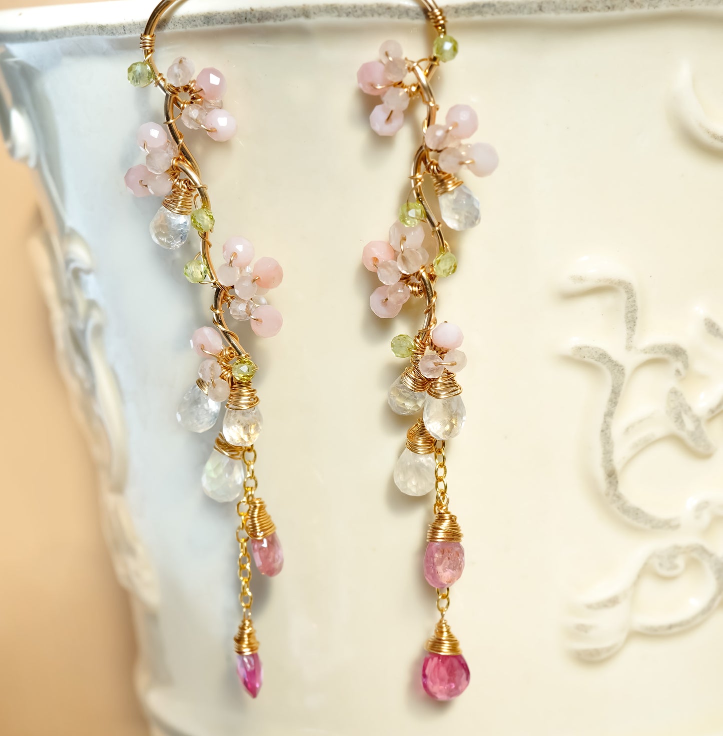 Pink Opal and Tourmaline Long Earrings in Gold filled